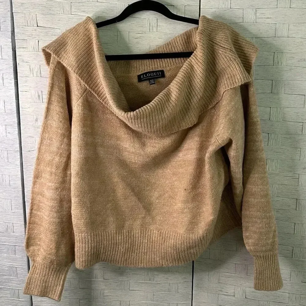 Eloquii Women's sweater off shoulder tan soft cozycore - Picture 3 of 6